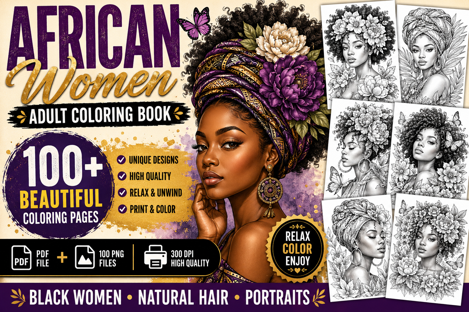 African Women Adult Coloring Book – 100 Beautiful Black Woman Coloring Pages | Printable PDF